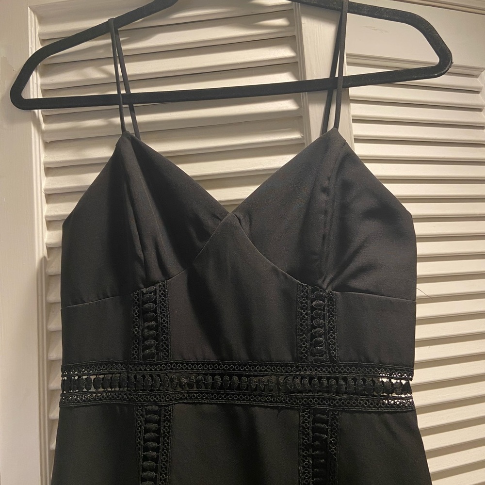 AQUA Midi length, fit and flare black dress with adjustable straps